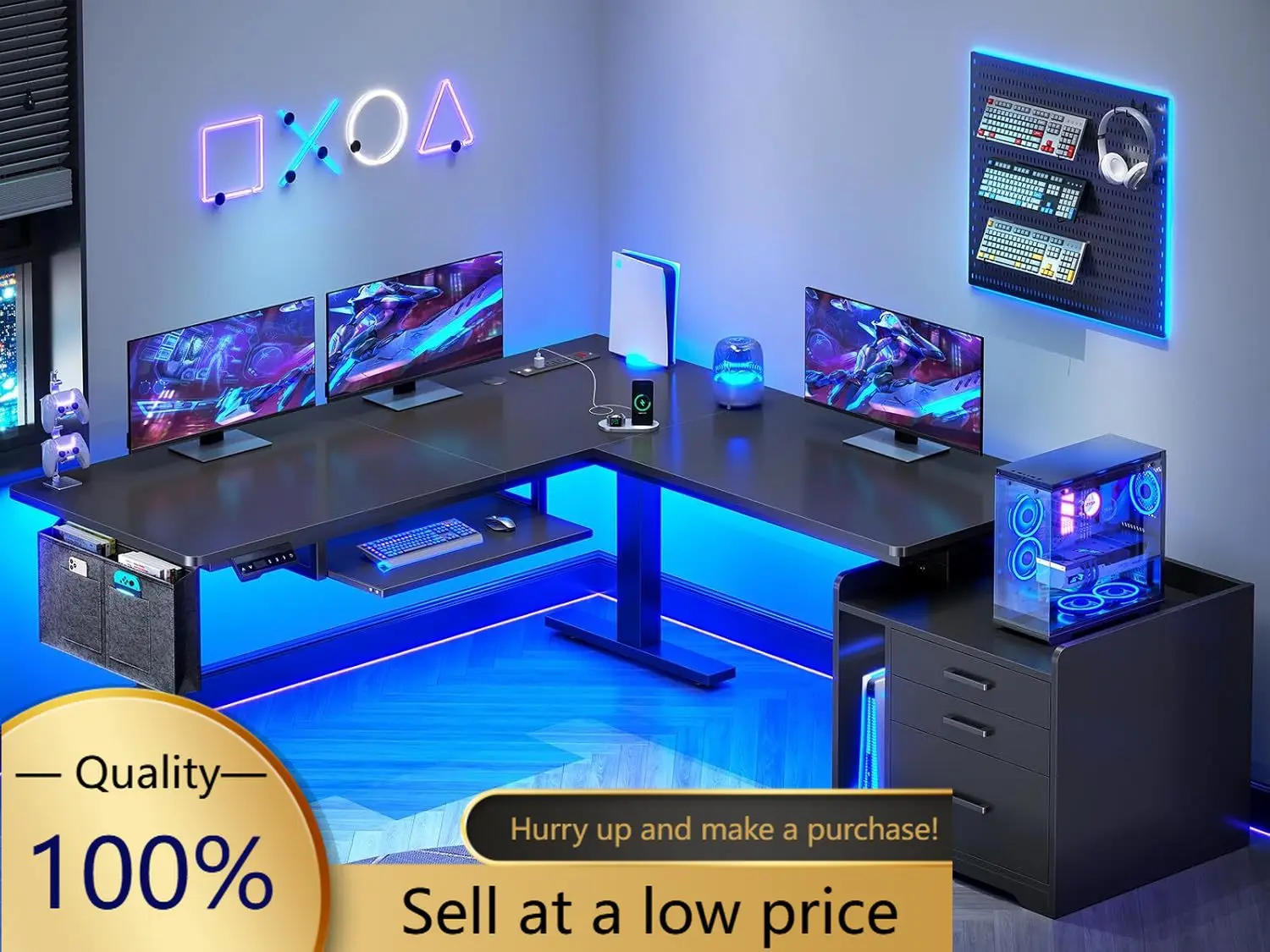 Mesa Elétrica em L com Armário de Arquivos, Mesa de Computador para Home Office Ajustável em Altura 63 x 53'' com Gavetas, com Tomada de Energia