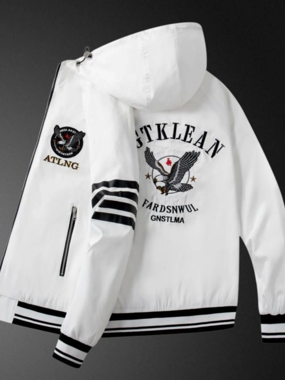 

Eagle Wings Embroidered Jaet Men's Casual Faion Streetwear Spring Autumn New Sle Warmth Polyester Fiber Zipper Closure