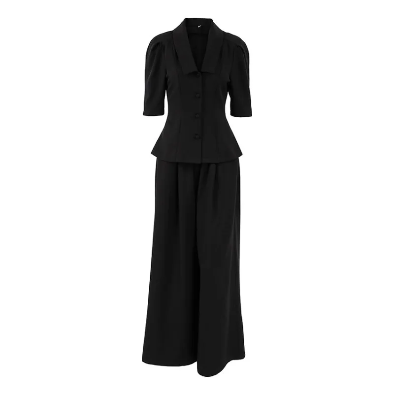 Womens Two Piece Set Black V Neck Half Sleeve Fitted Waist Longline Top and Pants New Spring Fall Casual Style Chic Unique Niche