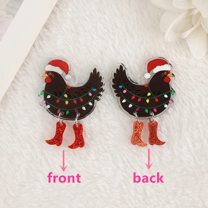 1Pair Christmas  Woman Drop Earrings Acrylic Funny Walking Chicken With Colour Bulb For Girl Festival Gift