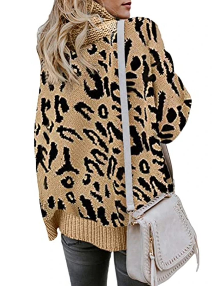 Casual Knitting Sweater Women\'s Leopard Print Turn-down Coiiar Long Sleeve Tops Autumn Winter New Casual Pullover Sweaters 2024