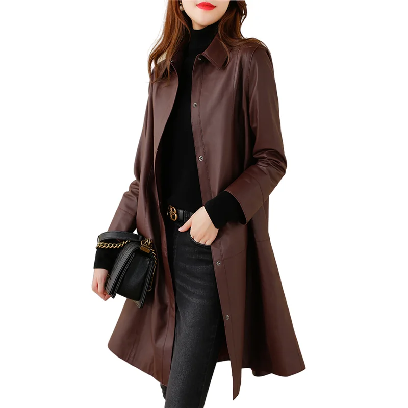 Gabardina de cuero rojo vino para mujer, abrigo de longitud media, chaqueta de piel de oveja OL, cuello de solapa, abrigo de primavera y otoño