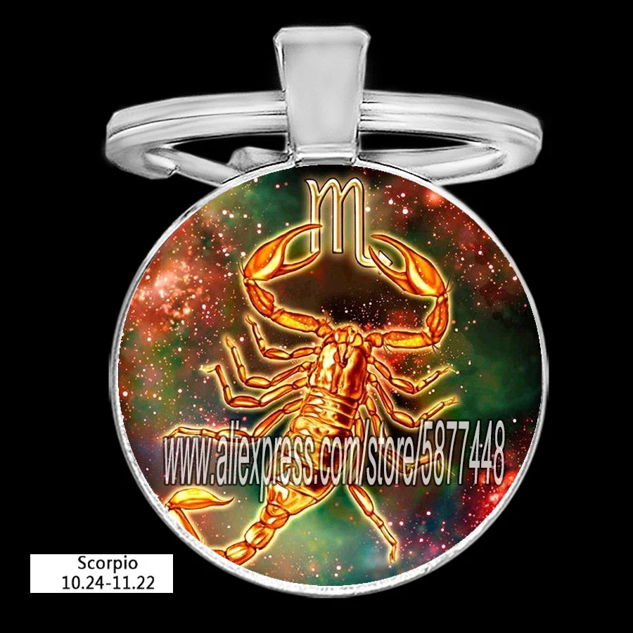الملونة زودياك علامة المفاتيح 12 كوكبة ليو العذراء الميزان العقرب القوس قلادة الزجاج كابوشون كيرينغ هدية عيد ميلاد #5