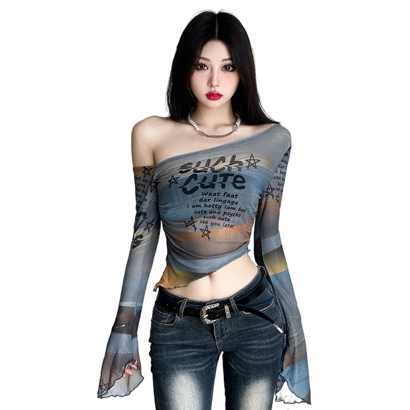 

Irregularly Smudged Slanted Collar Off-shoulder Mesh Long-sleeved T-shirt for Women Summer Letter Printing Personalized Sexy Top