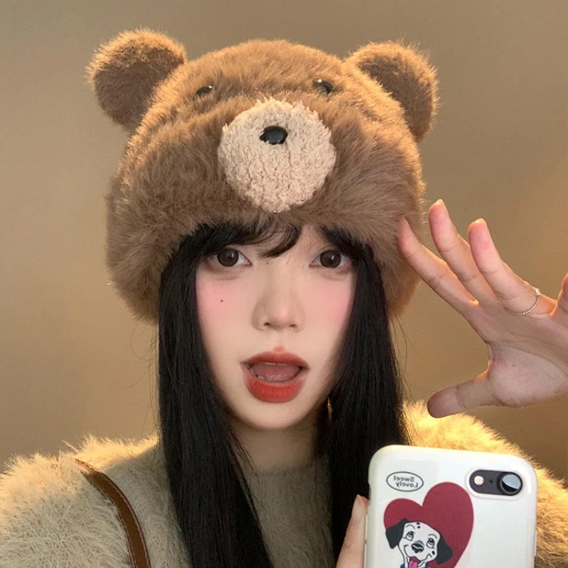 Vintage Maillard Brown Plush Bear Hats for Women and Men in Winter Casual Warm Fashion Versatile Cute Pullover Beanies Cap