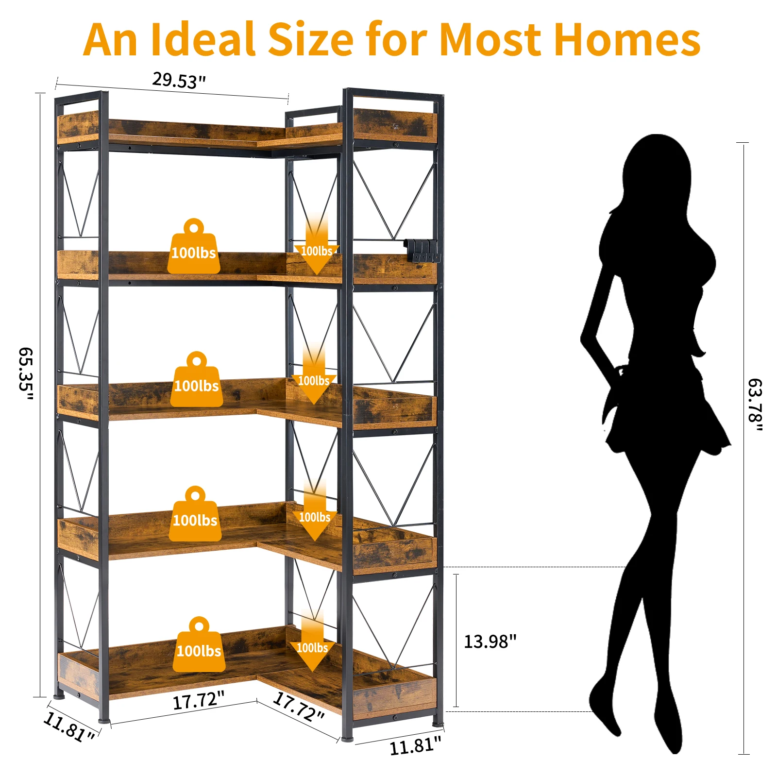 JHK 65 Inch L Shaped 5 Tier Corner Bookshelf Bookcase with Hooks and Edge Industrial Pantry Shelves with Metal Frame Wooden Open Storage for Living Room Home Office