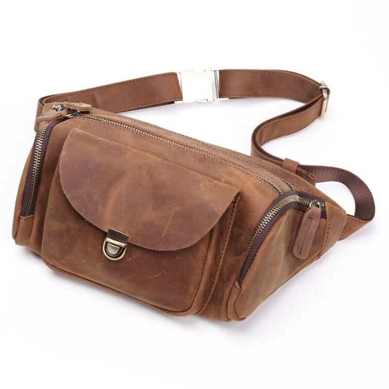 Luxury Waist Bag for Men Real Genuine Leather Packs Male Large Crazy Horse Belt Chest Phone Pouch