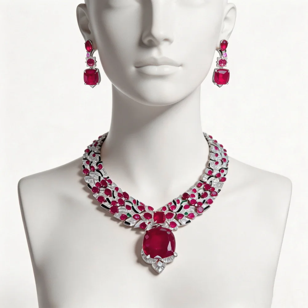 Designer Gorgeous Style Earrings Necklace Inlay Cubic Zircon Synthetic Ruby Black Enamel Party Jewelry Sets