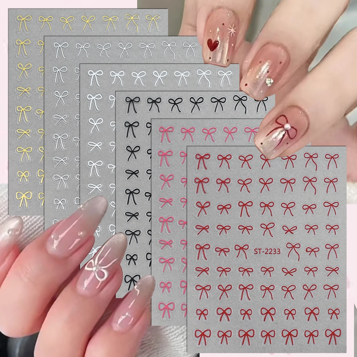 

2 to 30 Sheets 3D Bow Nail Art Stickers, Mini Ribbon Outline Decals, Transparent Self-Adhesive Cute Design for DIY Manicure