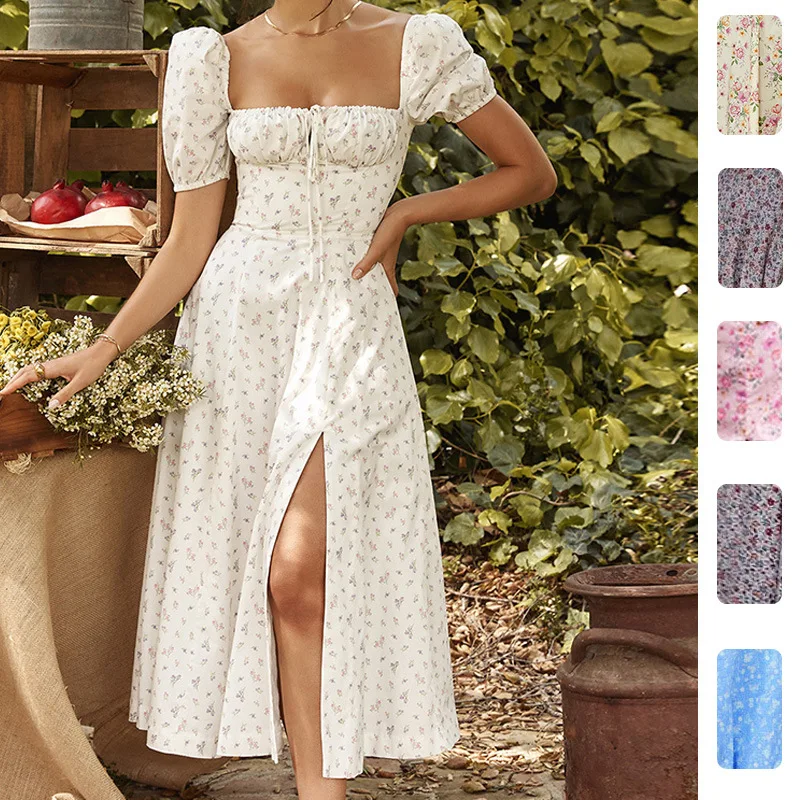 

2026 Spring Women's Floral Dress French Retro Backless Slim Halter Square Neck Split Long Dress Fashionable Party Cocktail Dress