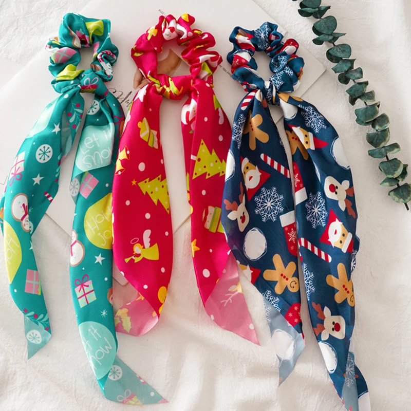 Christmas Scrunchies for Hair Scarf Holiday Hair Scrunchies Silk Hair Scarfs with Ribbon Bow for Woman Girls