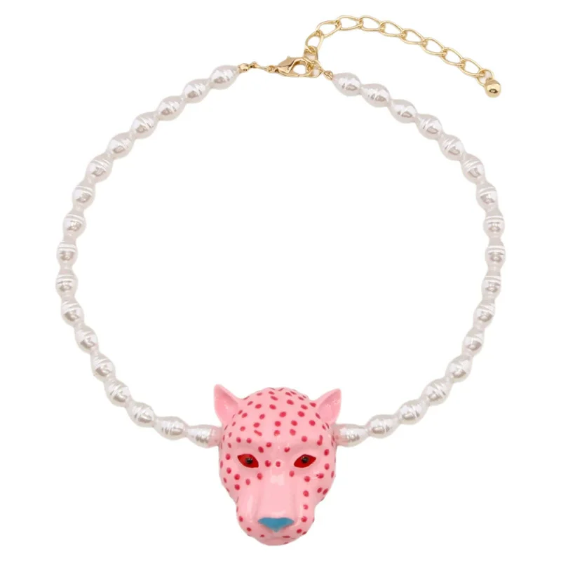 Kshmir Vintage Enamel Leopard Head Metal Pendant Necklaces for Women Exaggerated Imitation Pearl Chain Chokers Party Jewelry