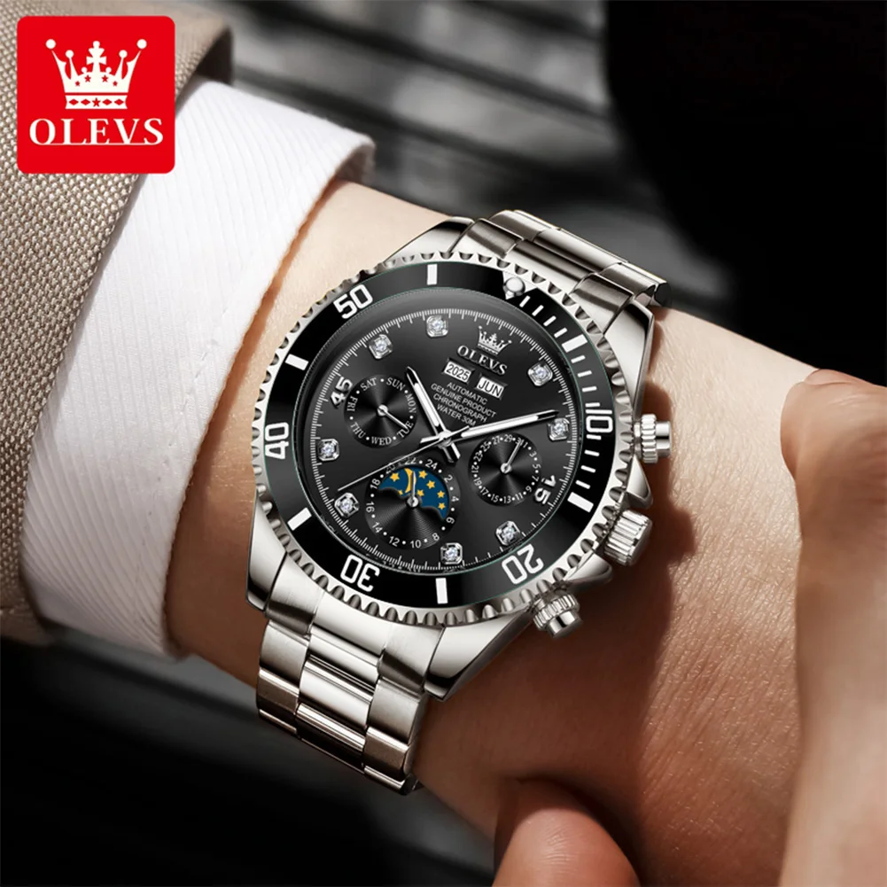 OLEVS 6729 ساعة رجالية فاخرة ماركة أوتوماتيكية ساعة ميكانيكية متعددة الوظائف مرحلة القمر مقاوم للماء ساعة رجالية فستان رياضي