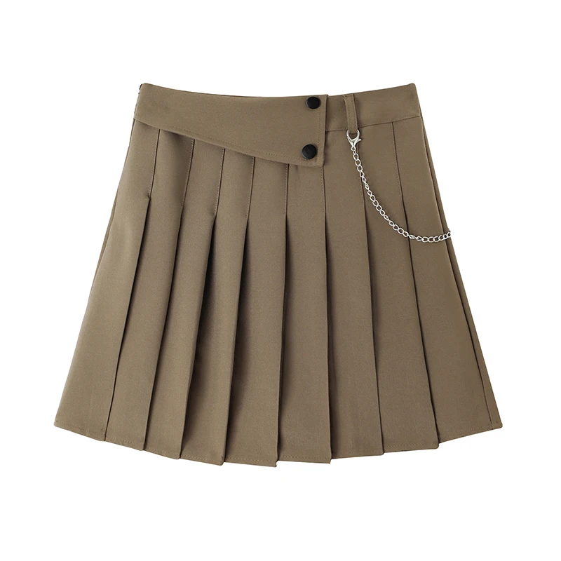 Women Pleated High Waist Mini Skirt With Inner Shorts Spring Summer Korean Student Skirt Female Chain Link Decor A Line Skirt