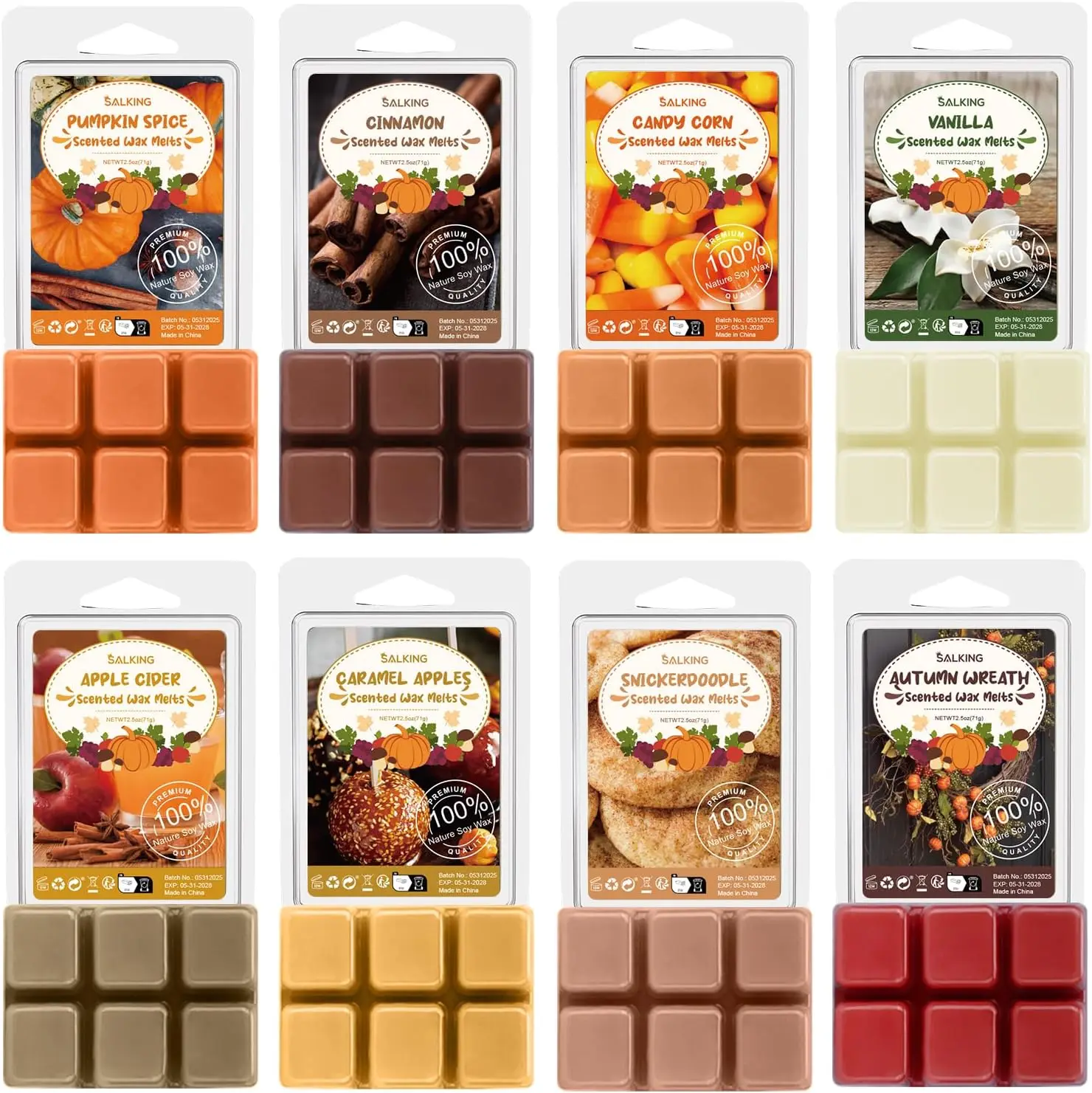 Halloween Scented Wax Melts, Fall Soy Wax Melts Gift Set, Wax Cubes/Tarts for Warmer - Pumpkin Pie, Caramel Apples, Candy Corn, Vanilla, Snickerdoodle, Apple Cider, Cinnamon, Harvest Spice