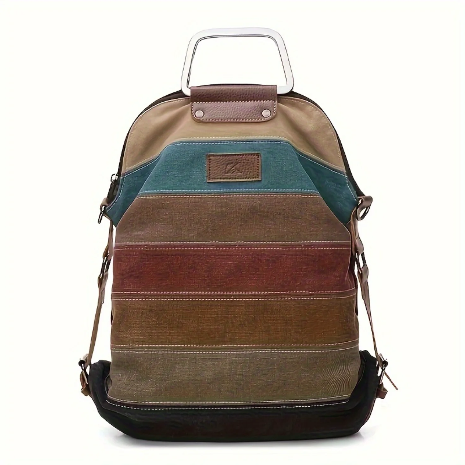 

Contrast Color Patchwork Backpack, Large Capacity Canvas Shoulder, Retro Striped Crossbody Bag