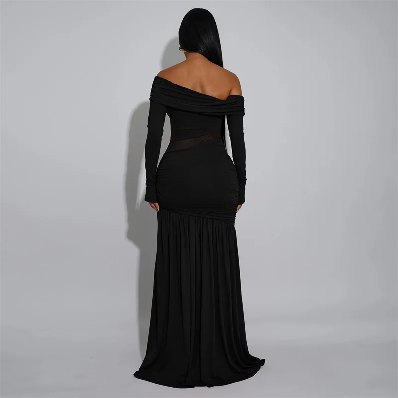 ชุดราตรีเซ็กซี่เปิดไหล่สำหรับงานปาร์ตี้ ผู้หญิง ดีไซน์หรูหรา ผ้าตาข่ายซีทรู แต่งระบาย ทรงเอไลน์ ผ่าข้าง เหมาะสำหรับงานกลางคืน งานพรอม