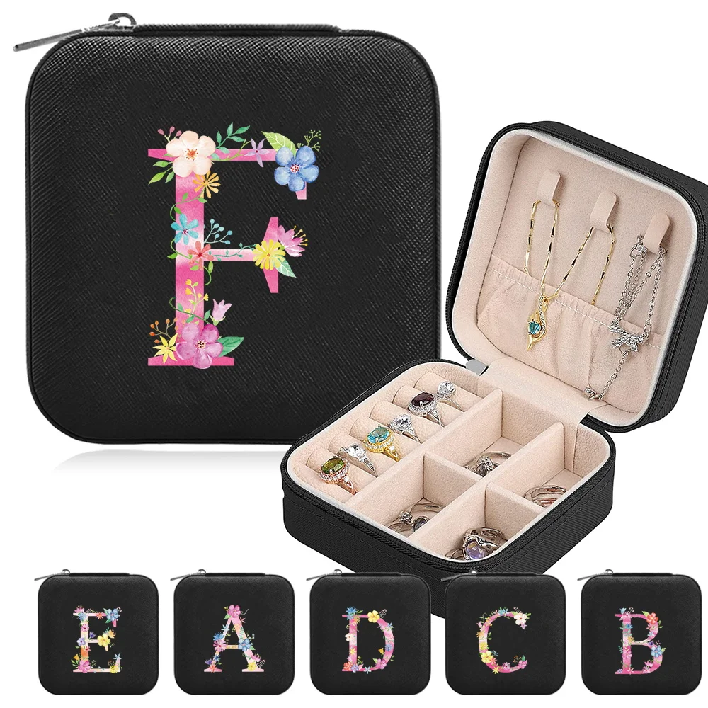 

Portable Jewelry Storage Box Travel Necklace Ring Organizer Case New Zippered Women's Fashion Jewels Boxes Pink Pattern Series