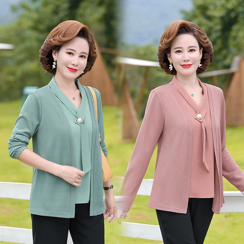 Fake Two Pieces solid color streamer T Shirt Women Long Sleeve Top Pullovers Spring Fall New Mother Tee Shirt Femme 2022