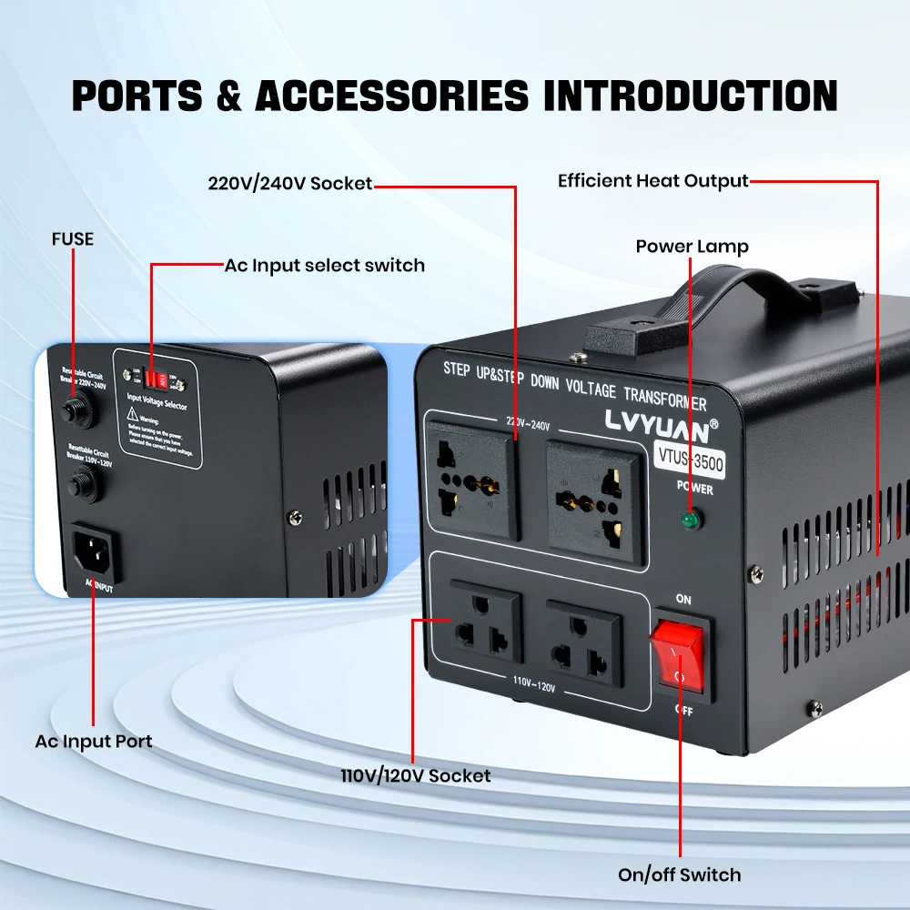 LVYUAN 700W/3500W/6000W Voltage Transformer AC 110V to 220V Or 220V to 110V Step Up&Down Converter US Standard Power Cord view 7