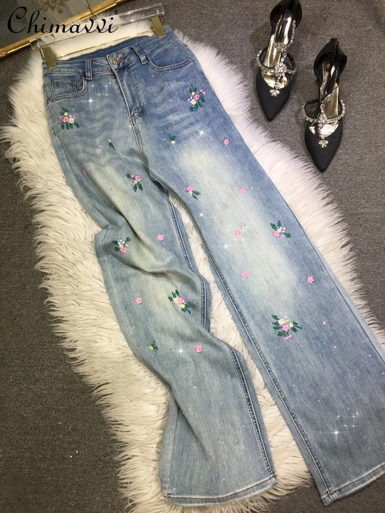 

European Hot Drilling Jeans Women 2024 Spring New Fashion Handmade Embroidered High Waist Slim Light Blue Elastic Straight Pants