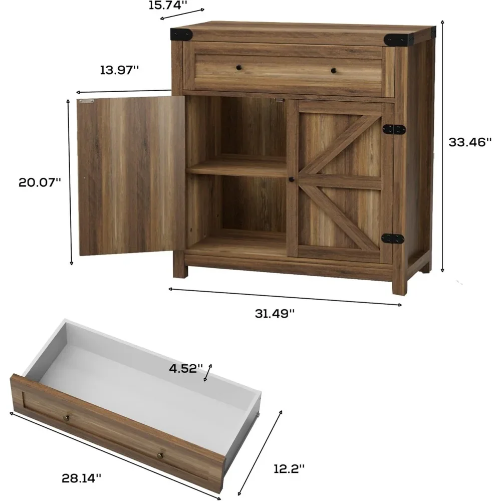 Coffee Bar Cabinet Farmhouse Kitchen Sideboard Buffet Cabinet with Drawer and Adjustable Shelf Barn Door Storage Cabinet image 2