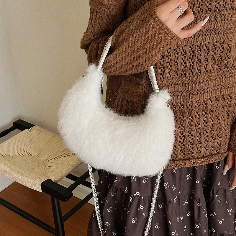 Halbmond-Design Lammwoll-Handtasche Clutch für Damen 2026 Winter Weiche Flauschige Handtasche Halbkreis-Plüsch-Umhängetasche Bolsa – Detail 9