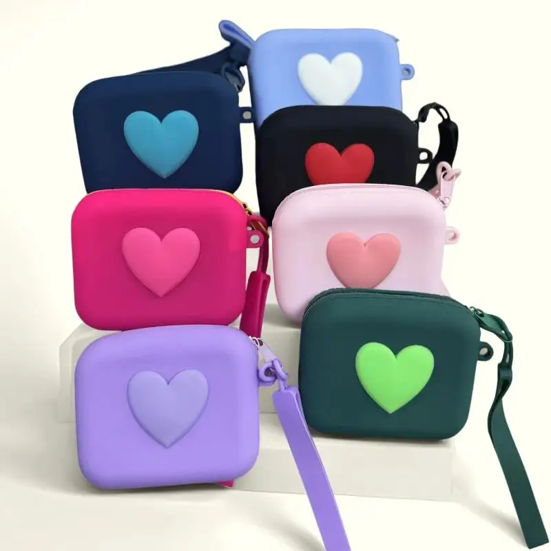 Cute Candy Color Silicone Coin Purse With 3D Heart Design Portable Wrist Lanyard For Keys Earphones Coins Daily Outings Shopping