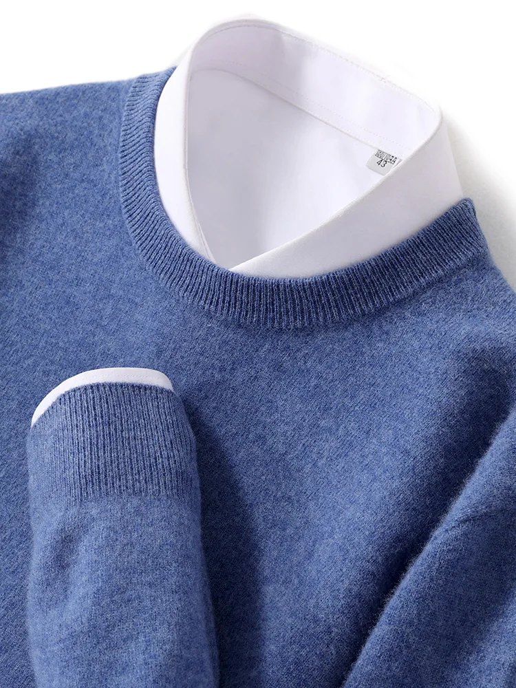 24 autumn and winter new men\'s 100% pure sweater round neck knitted solid color cashmere pullover fashion business casual top
