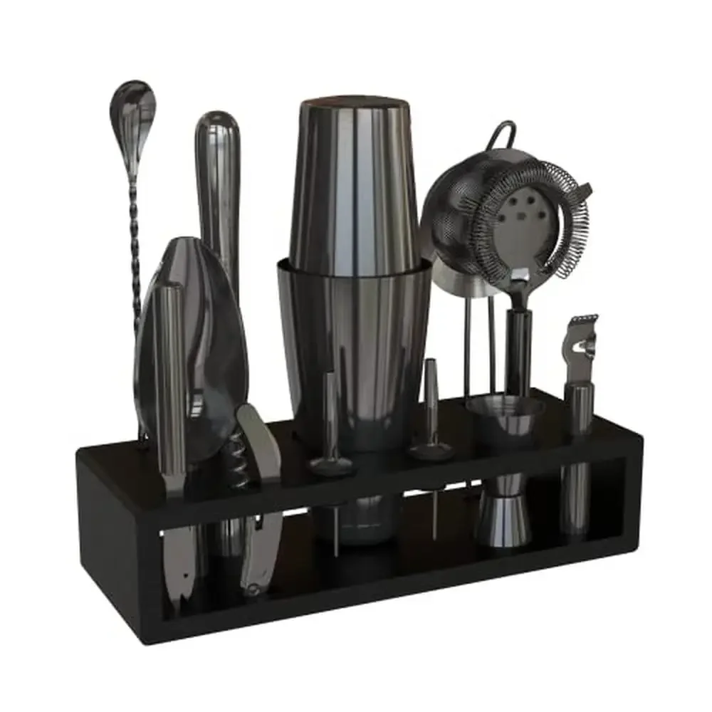 Gunmetal Black Stainless Steel Mixology Bartender Kit Set with 13-Piece Cocktail Shaker Bar Tools & Accessories Longer Muddler