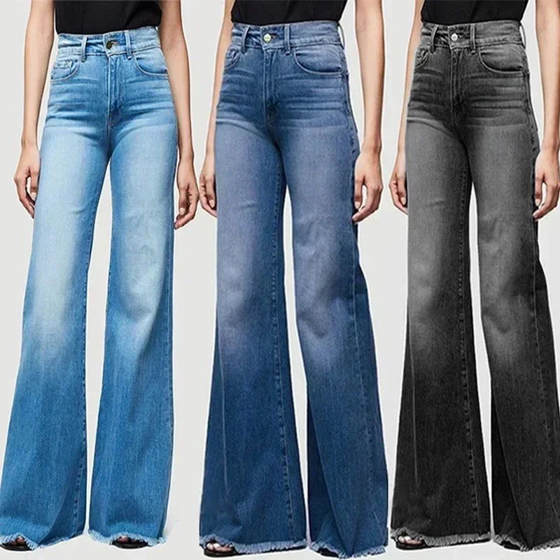 

Fashion Wide Leg Pants Casual Jeans New Women Denim Jeans Elegant Office-lady Slim Fit Flared Pants Mid-waist Streetwear 30200