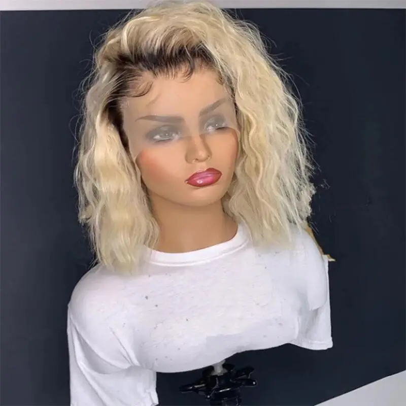 Kurze Bob-Perücke, verworren, lockig, weich, vorgezupft, ohne Kleber, Ombre-Blond, 613, 180 % Dichte, Lace-Front-Perücke für schwarze Frauen, Babyhaar, täglich