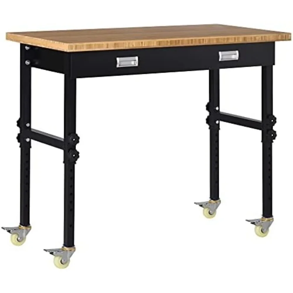 

59" Work Bench with Drawer, Height Adjustable Legs, Bamboo Tabletop Workstation Tool Table on Wheels for Garage, Weight Capacity