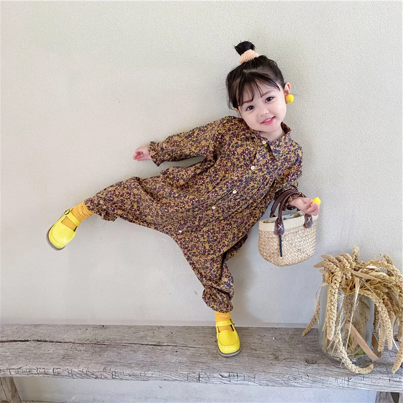 Baby and Girls Cotton Floral Loose Single-Breasted Long-Sleeved Thick Brushed Bodysuits Kids Lovely Jumpsuit Child Outfit 2-8Yrs