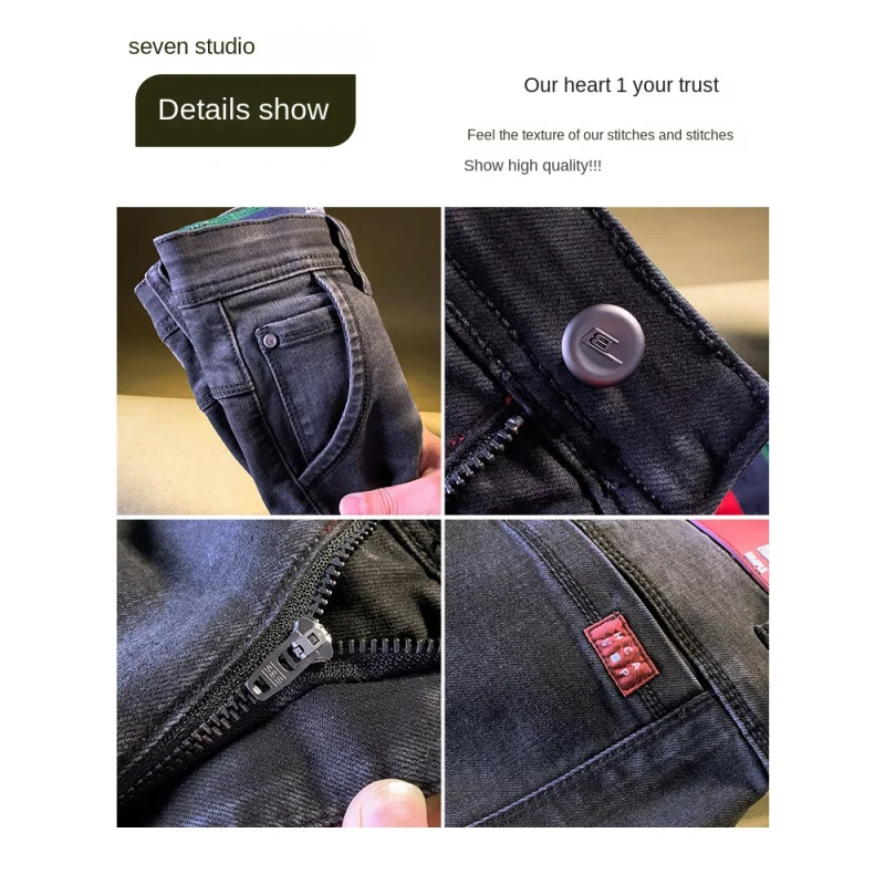 جينز رجالي باللون الأسود والرمادي للخريف عالي الجودة مغسول بأرجل مستقيمة غير رسمية النسخة الكورية سراويل مرنة صغيرة مستقيمة الساق