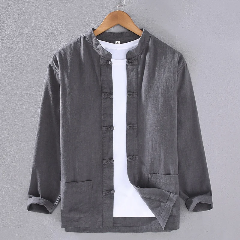 Chinese Style Long Sleeve Cotton Linen Shirt Men's Tang Costume Small Stand Collar Retro Linen Shirt Jacket Moisture Permeabl...