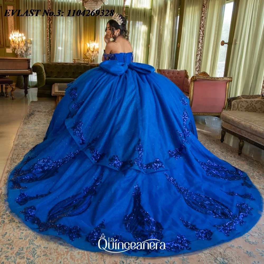 EVLAST Shiny Royal Blue Quinceanera Dress for Girl Bow Applique Off Shoulder Ball Gown Corset Vestido De 15 Customized E3A35