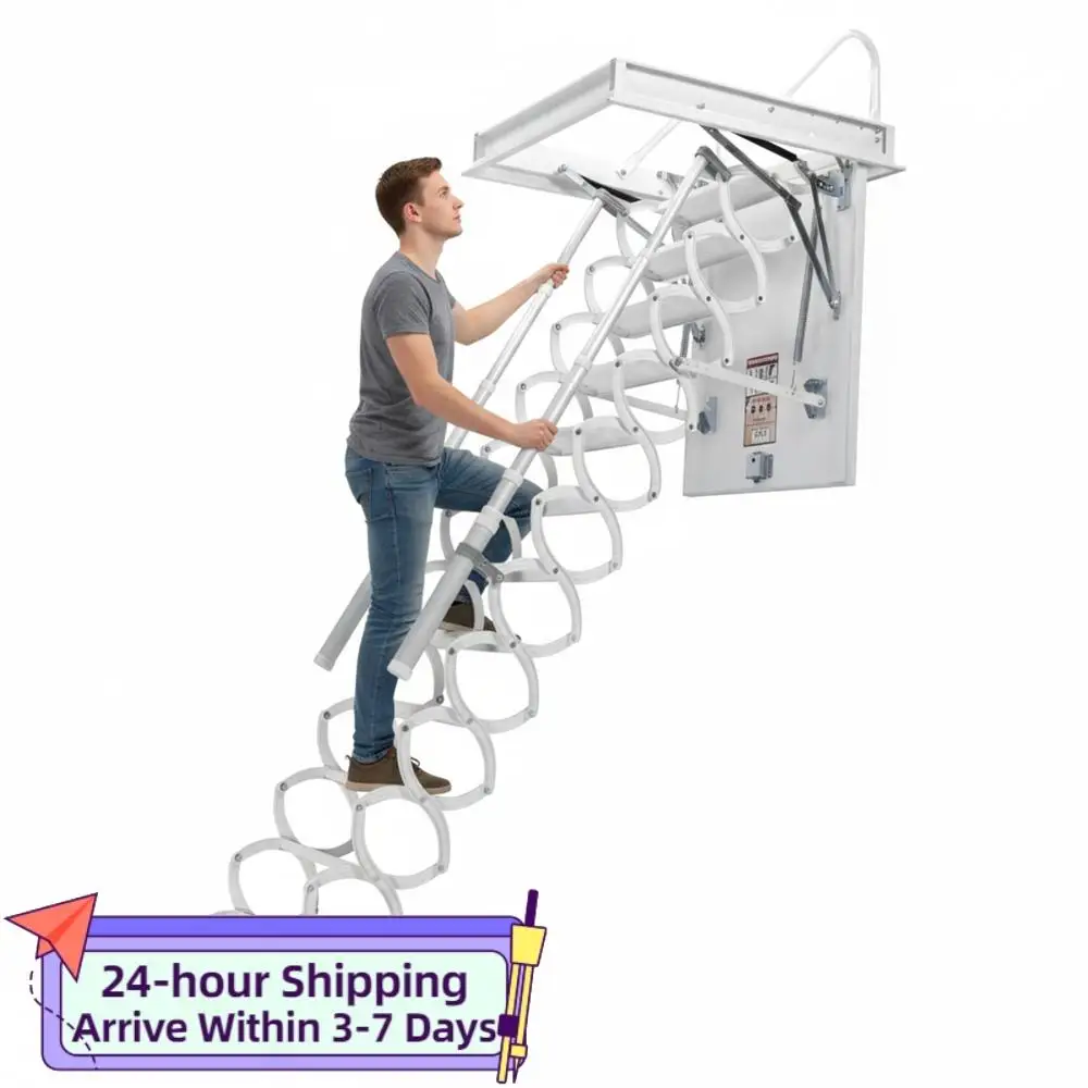 

12 Steps Ceiling Mounted Attic Ladder with Handrails Foldable Loft Step 660LBS Capacity Height Adjustable For Home Duplex Villas