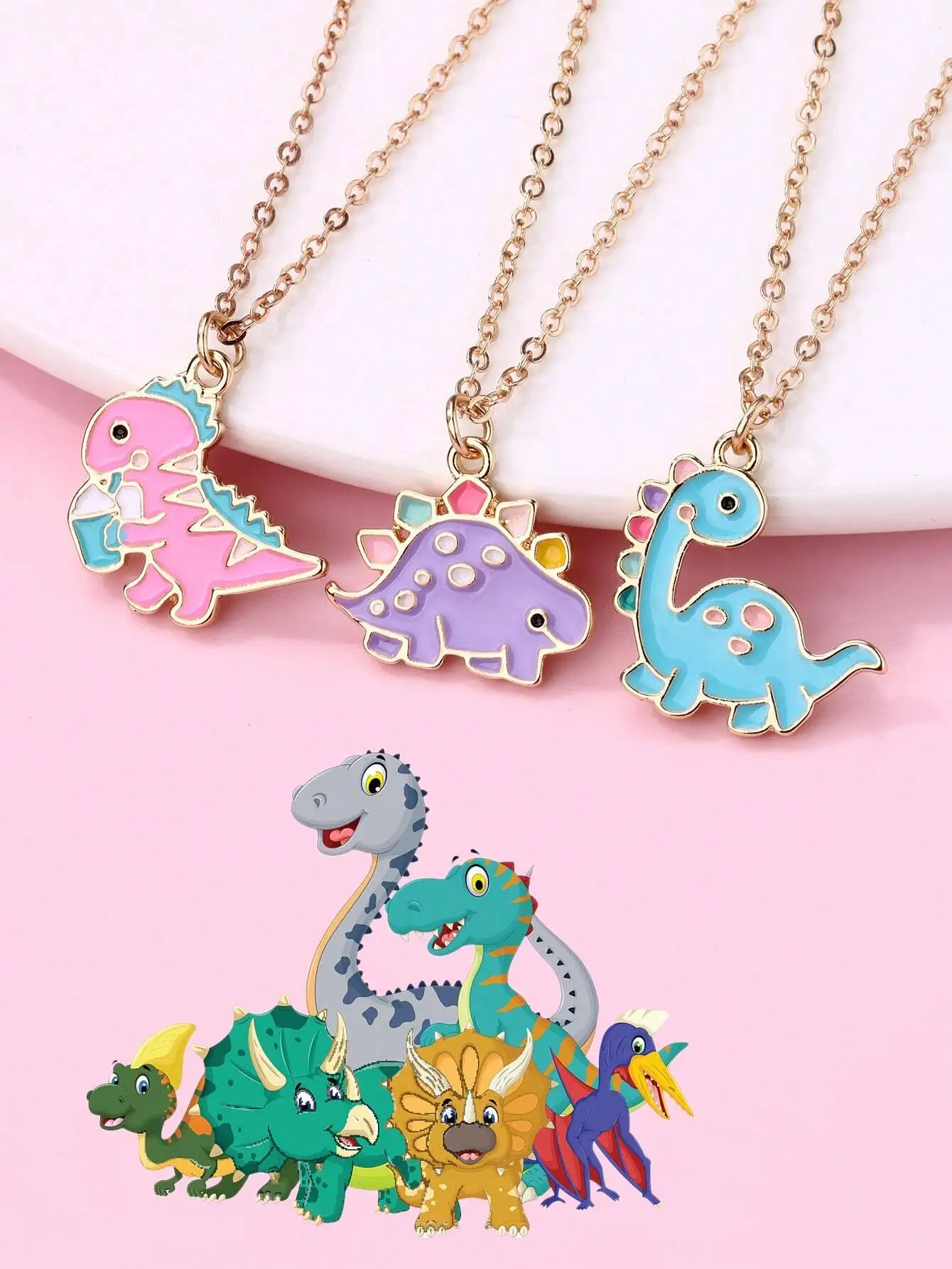 

3Pcs Girls" Cute Animal & Dinosaur Zinc Alloy Necklace Set In Pink, Blue And Purple Colors With Oil Drip And Gold Chains,