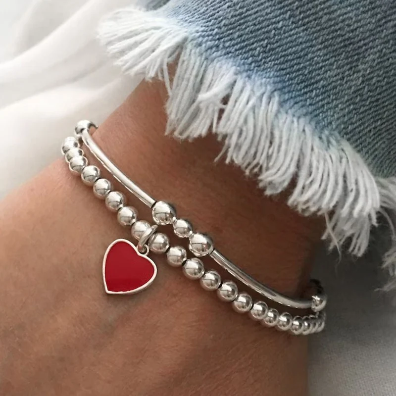 Boho Fashion Bracelets For Women New Punk Silver Color Beads Chain Red Heart Pendant Jewelry Valentine\'s Gift For Female B048