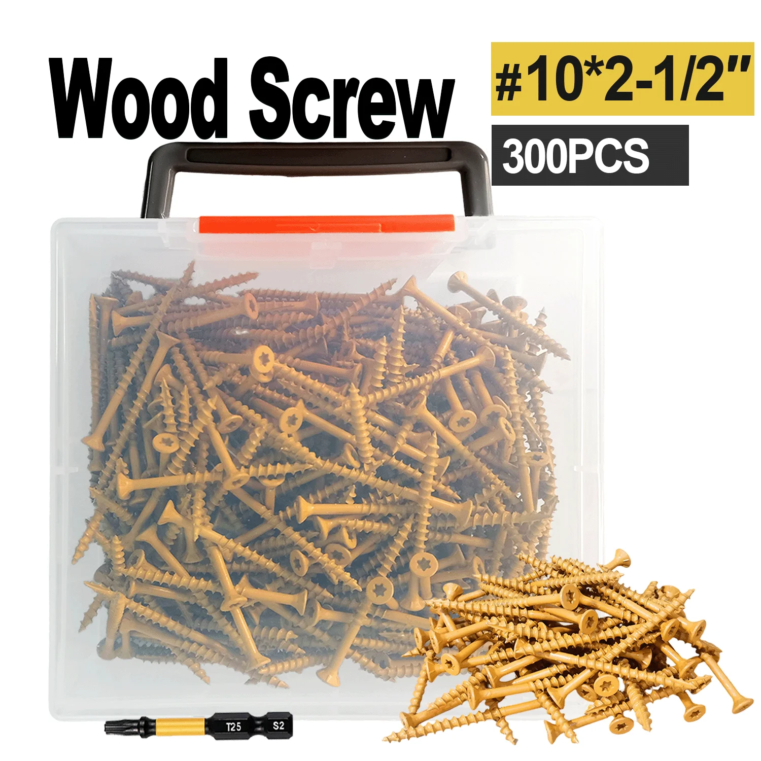 

VKKM Deck Screws 2-1/2 Inch, Wood Screws #10 x 2-1/2", 300 PCS, Rust Resistant Coated, T25 Screws, T25 Star Bit Included, Tan
