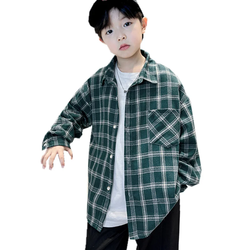 

New Spring Child Cotton Long Sleeve Shirt for Boy Fashion High Street Outerwear Tops Teenage Kids Plaid Stripe Blouse Age 5-14Y