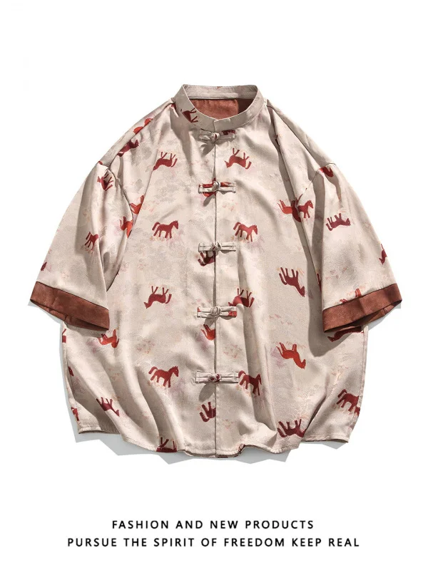 

Loose Fit Men's irt Stand Collar Button up Floral Embroidery Ice Silk ort Sve Casual Summer Faion Youthful M Top