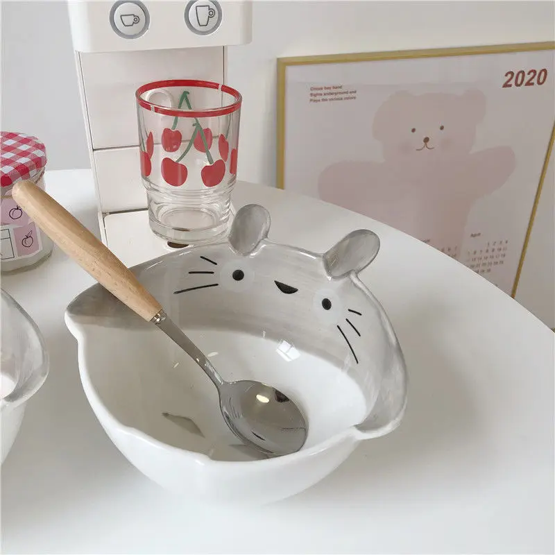 Japanese Creativity Students Cute Cartoon Grey Noodle Bowl Salad Bowls of Rice Snack Bowl Ceramic Bowl Dishes  Cute Plates