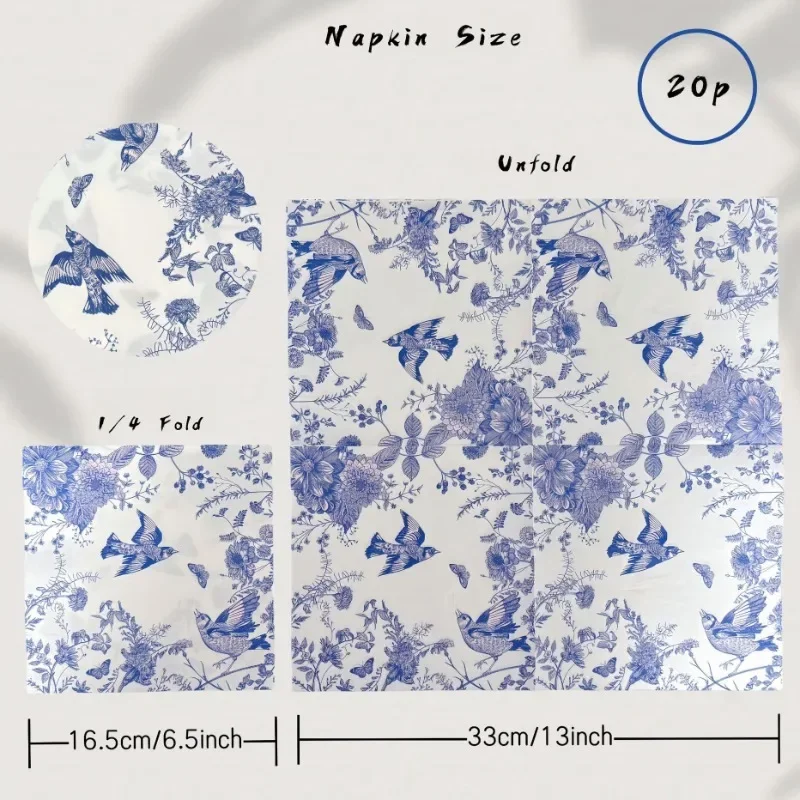 20 pz 33 cm 2 Strati Stile Cinese Blu Fiore e Uccelli Stampa Decorazione Del Tessuto Del Partito Tovaglietta di Carta Colorata Carta Decoupage FAI DA TE