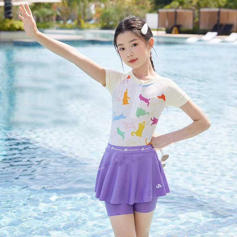 Costumi da bagno per ragazze conservatori con gonna Costume da bagno per bambini per ragazze Costume da bagno a maniche corte per adolescenti Cerniera frontale Fatos De Banho Menina