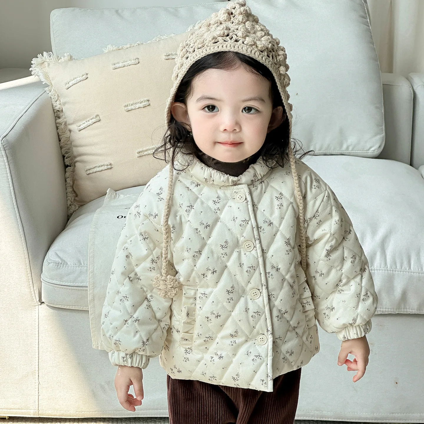 2025 autumn and winter new baby quilting cotton jacket set baby girl cotton clothes sweater wool long johns three-piece set