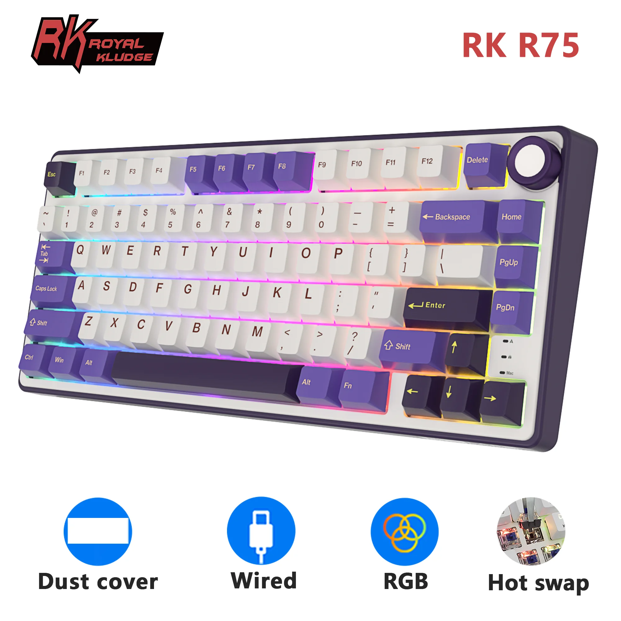 RK  R75 Royal Kludge Gasket Wired Gamer Keyboard 80 Keys 80% RGB Backlit Hot-swappable Mechanical Keyboard with MDA PBT Keycaps