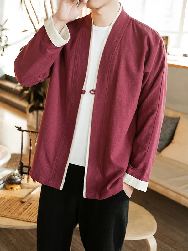 

Chinese Sle Tang Suit Hanfu Men's Cotton Linen Jaet One Button Monastic Long Sve Autumnal Ethnic Clothing Youth Outerwear