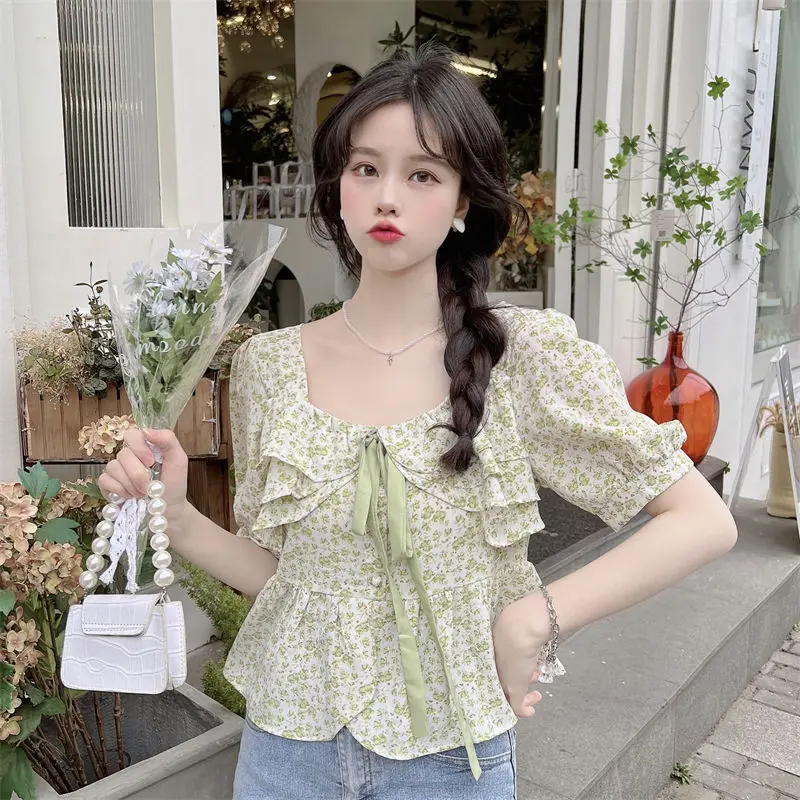 Puff Sleeve Blouses Women Cropped Floral Bandage Prairie Chic Retro Kawaii Girlish Holiday Tender Princess Summer New French Ins